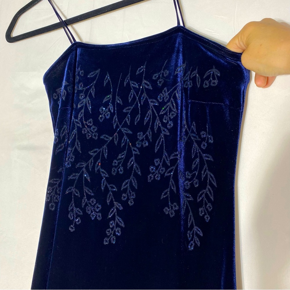 Vintage 90s/Y2K Emblem Navy Blue Velour Spaghetti Strap Formal Maxi Dress M